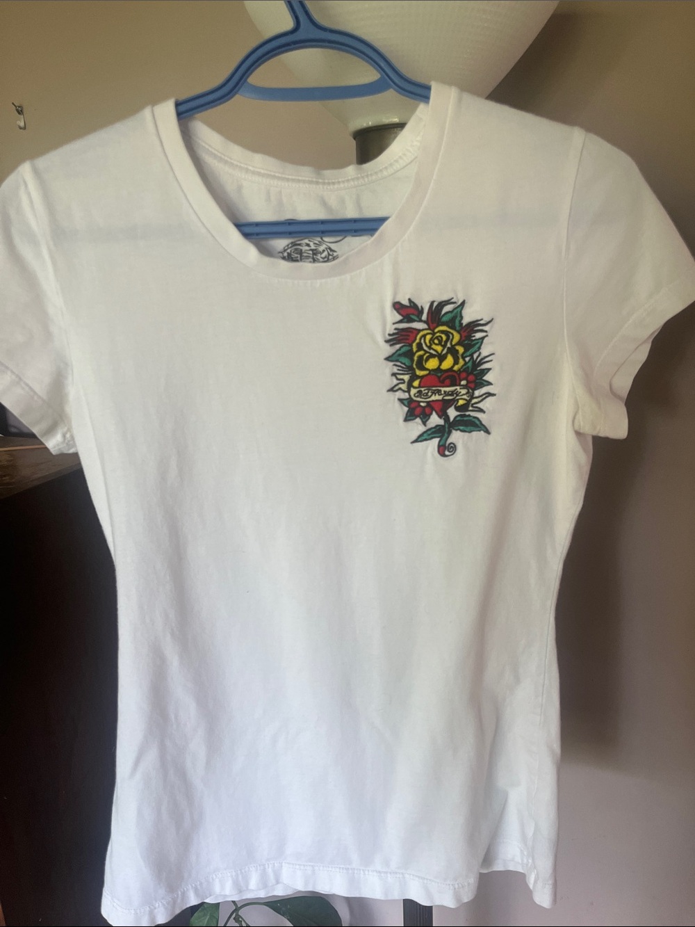 Ed Hardy White Short Sleeve Fitted Tee with Heart Rose Tattoo